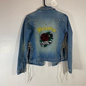Vintage parasuco embroidered short lace up denim jacket